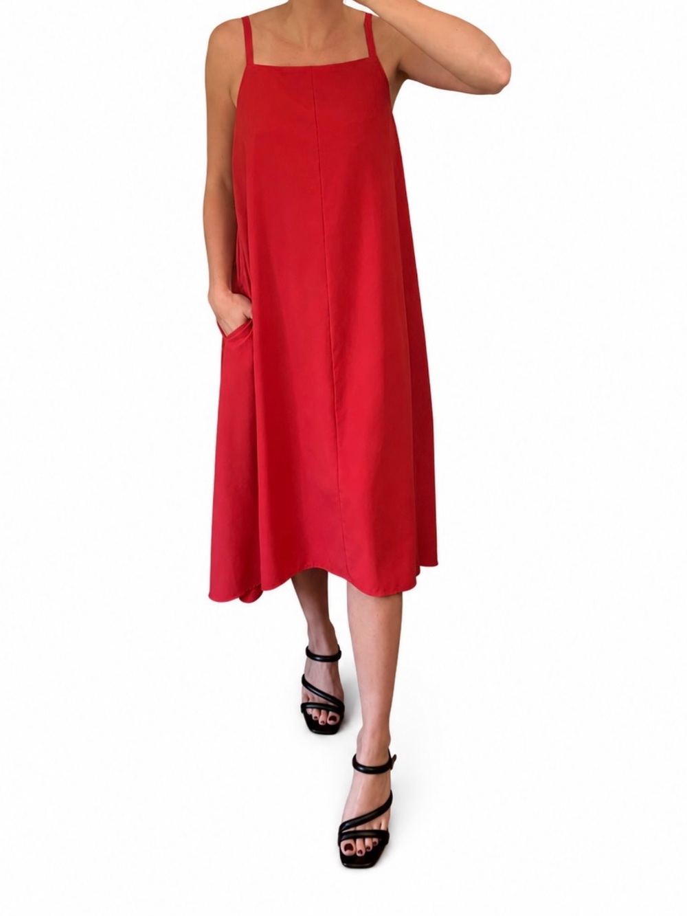 Red A-Line Midi Skirt Dress with Straps